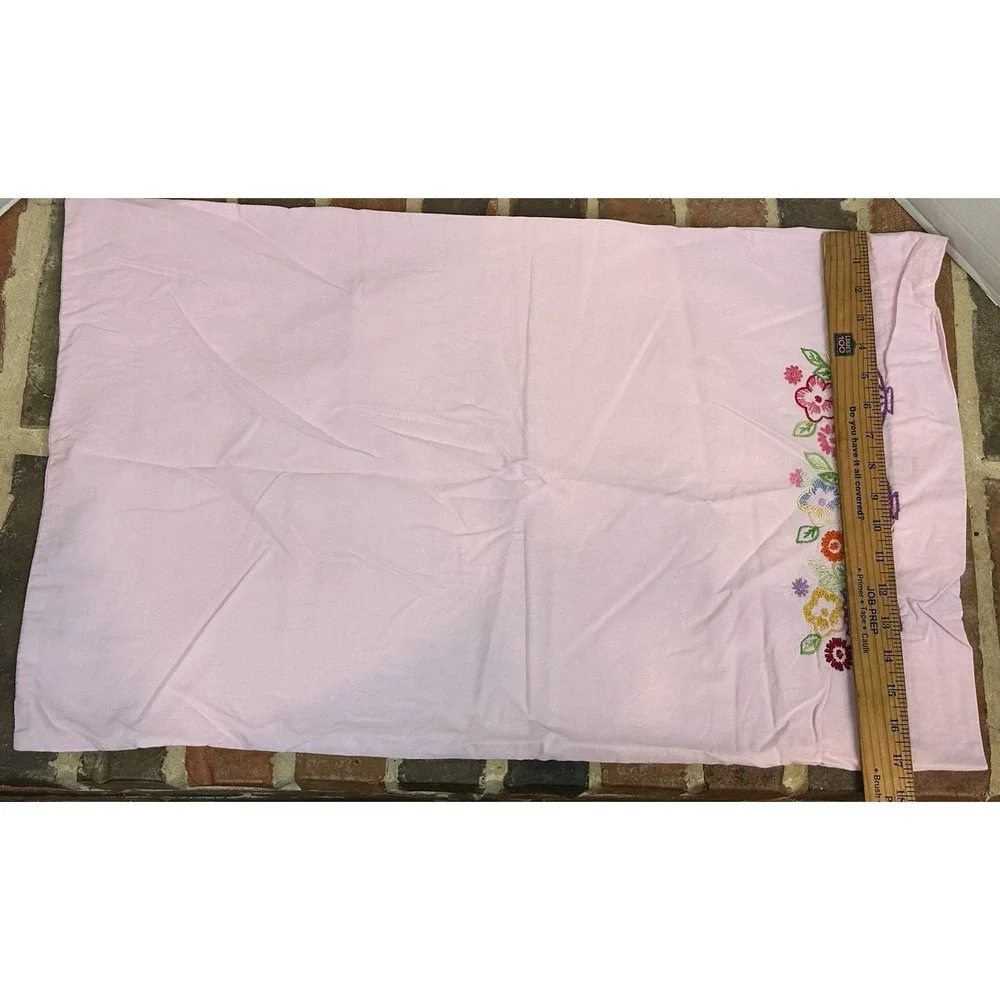 2 Vintage Standard Cotton Pink Pillowcases Hand Embroidered Flowers Baskets